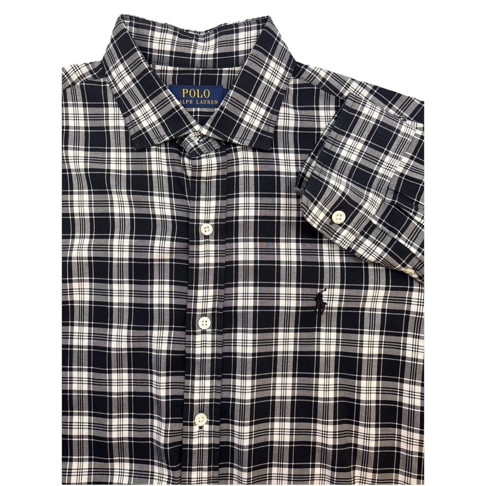 Polo Ralph Lauren Shirt Mens Button Up Large Black White Plaid Pony Long Sleeve